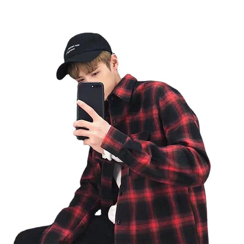 Cămașă cu mânecă lungă în carouri negru-alb toamnă stil japonez design pentru bărbați nișă retro stil Hong Kong cămașă largă jacket