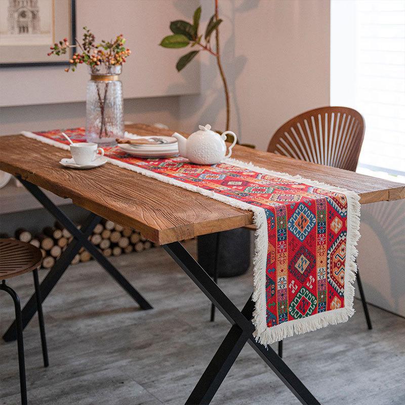 Vintage Jacquard Bomull och Lin Tofs röd Bordslöpare Julfest Bröllop Kök Bordstyg Hem Soffbord Dekor