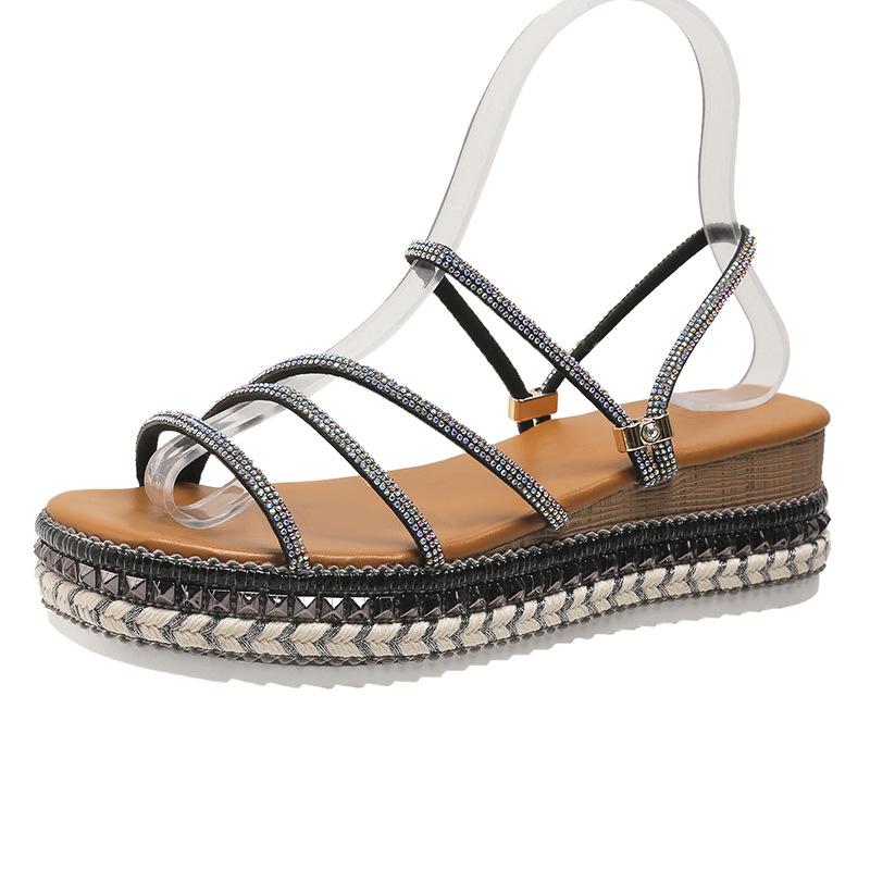 

Large size rhinestone muffin two wear slope heel slippers summer thick bottom European and American cool slippers women s slippers 42 чёрный