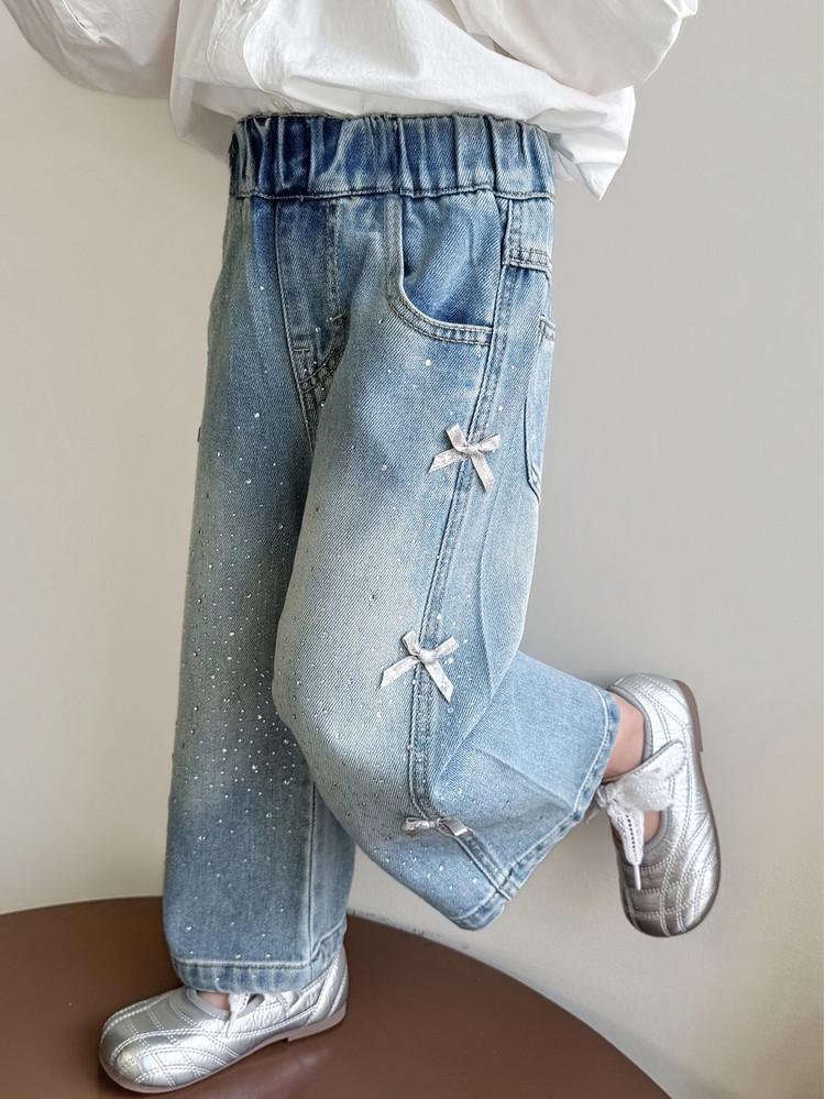 Girls' 2026 Spring Rhinestone Star Denim Jeans - Drapey Straight-Leg Casual Pants