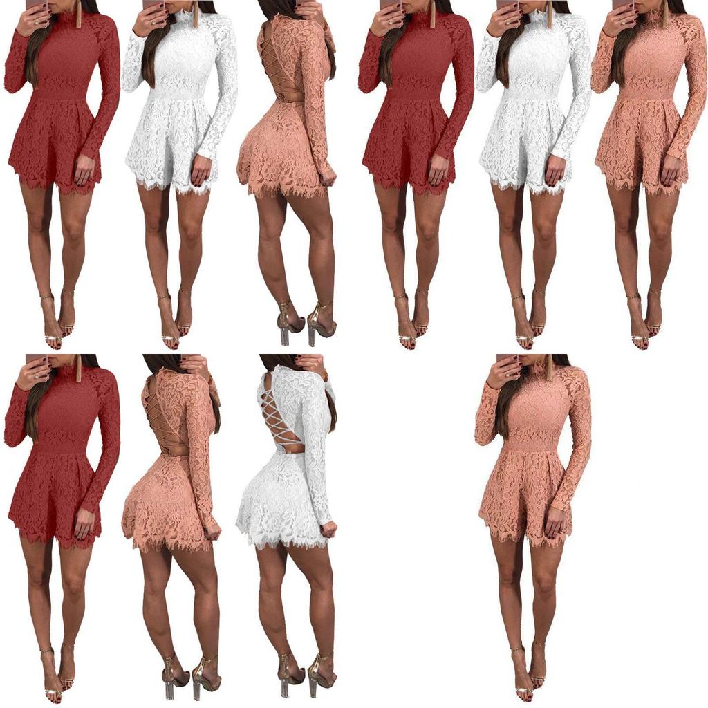 Elegant Womens Fashion Casual Romper Dress Lace Long Sleeve Sexy Short Jumpsuit