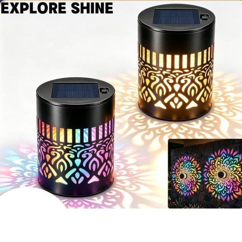 Solar Outdoor Wall Lights 2 Pack, Iron Art Mandala Projection Lamp, Waterproof Exterior Decor RGB Fairy Light for Garden Patio Courtyard Balcony Villa