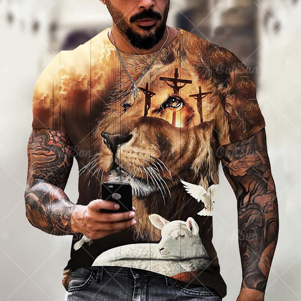 Christ Jesus T-Shirts for Men 3D Lion Printed T-Shirt Summer Clothes Short Sleeve Streetwear Vintage Tops Tee Shirt Men Clothing