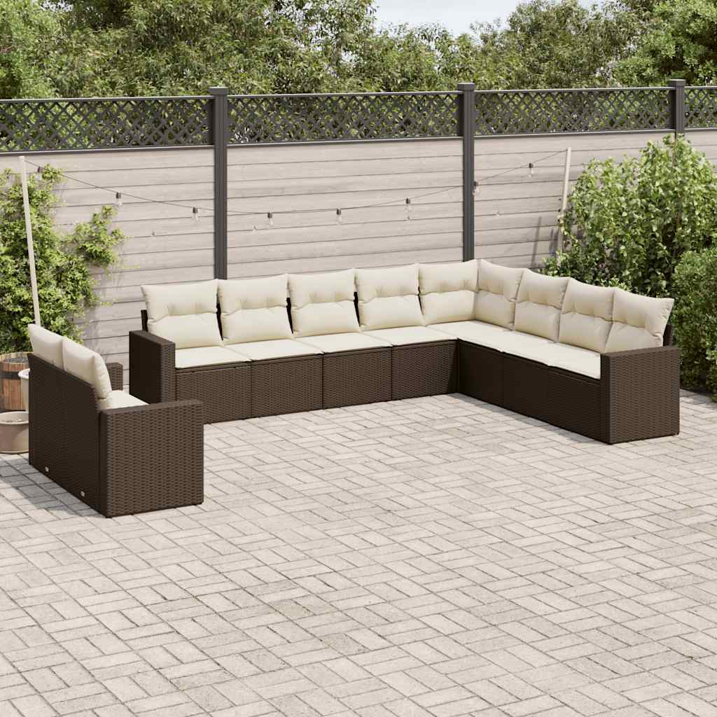 10 Piece Garden Sofa Set with Cushions Brown Poly Rattan