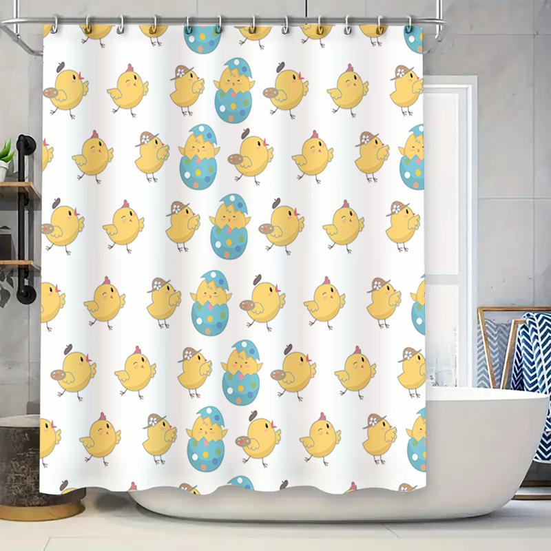 Easter-themed shower curtain with yellow chicks and blue eggs waterproof fabric for bathroom decor (Length: 180cm)
