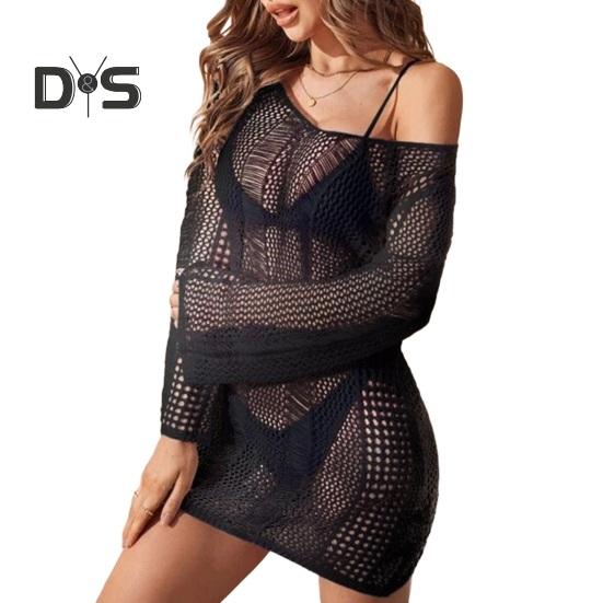 

Женский купальник крючком накидка с длинным рукавом прозрачный трикотажный пляжный купальник женский сексуальный ажурный топ-туника с открытой спиной для летнего отпуска L чёрный