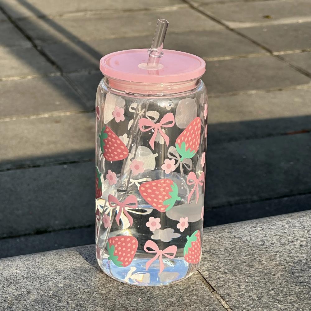 500ml Roztomilý skleněný hrnek s mašličkou, tumbler, láhev na vodu ve tvaru zavařovací sklenice s víčky a brčkem, hrnky na kávu, párty dárek na ledovou kávu, sklenice na džus