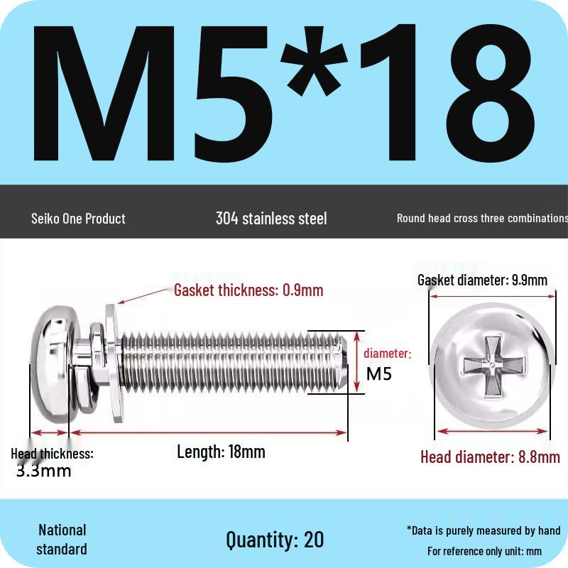 304 Stainless Steel Phillips Round Head Screw with Flat Washer M3/M4/M5/M6