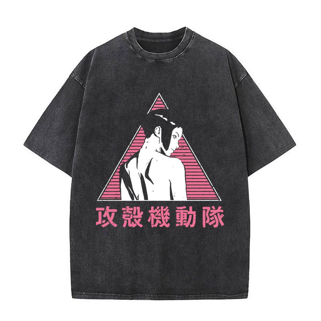 Anime Ghost In The Shell Motoko Kusanagi Vintage Washed T Shirts Men Women Clothing Casual Short Sleeve Oversized Tshirts Tops