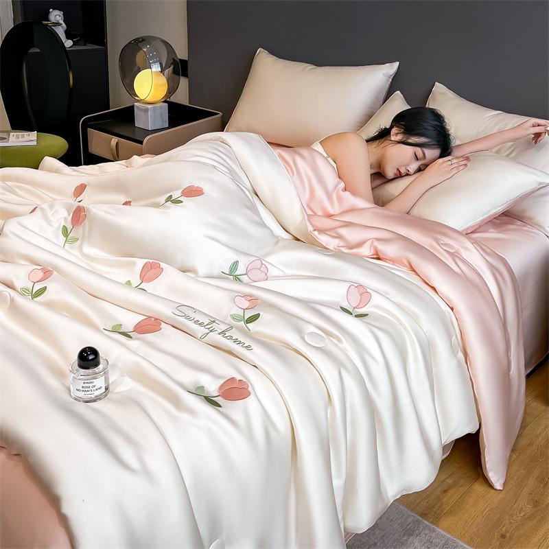 Silky Summer Ice Silk Quilt Set: Lightweight, Washable, and Embroidered