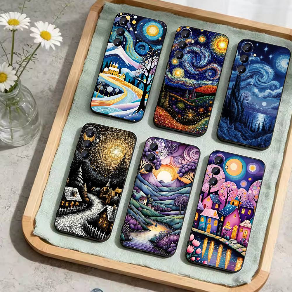 Whimsical landscape Starry Night Phone Case For Samsung Galaxy A73,A72,A71,A70,A52,A51 Others Soft Black Cover