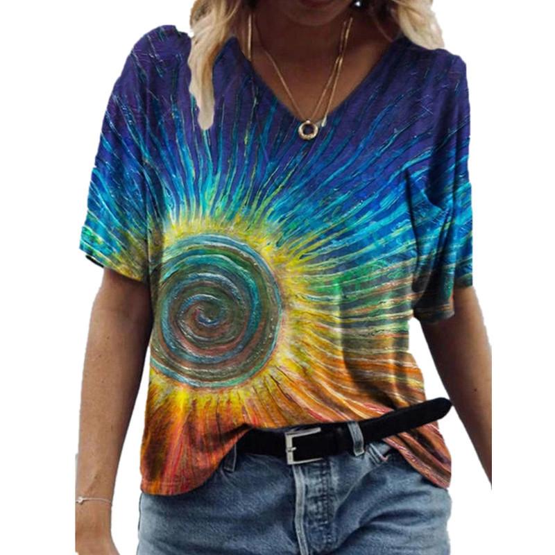 Summer V-neck 3D Abstract Printed Top Fashionable Casual Short Sleeved Women's T-shirts