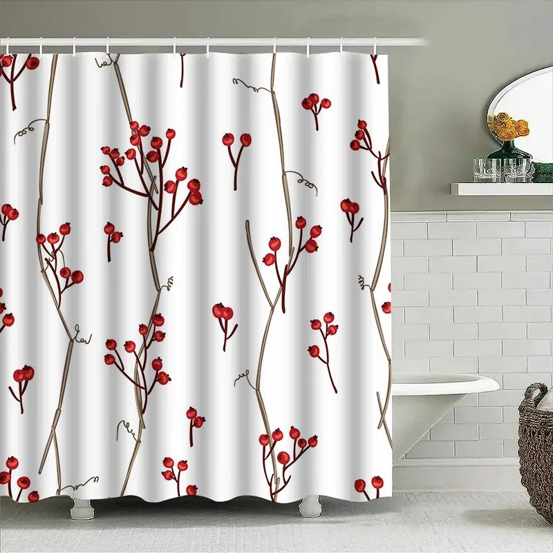 Red Berry Shower Curtain Decor Modern White Fabric With Branches Print Perfect Bathroom Accent For Home Decoration