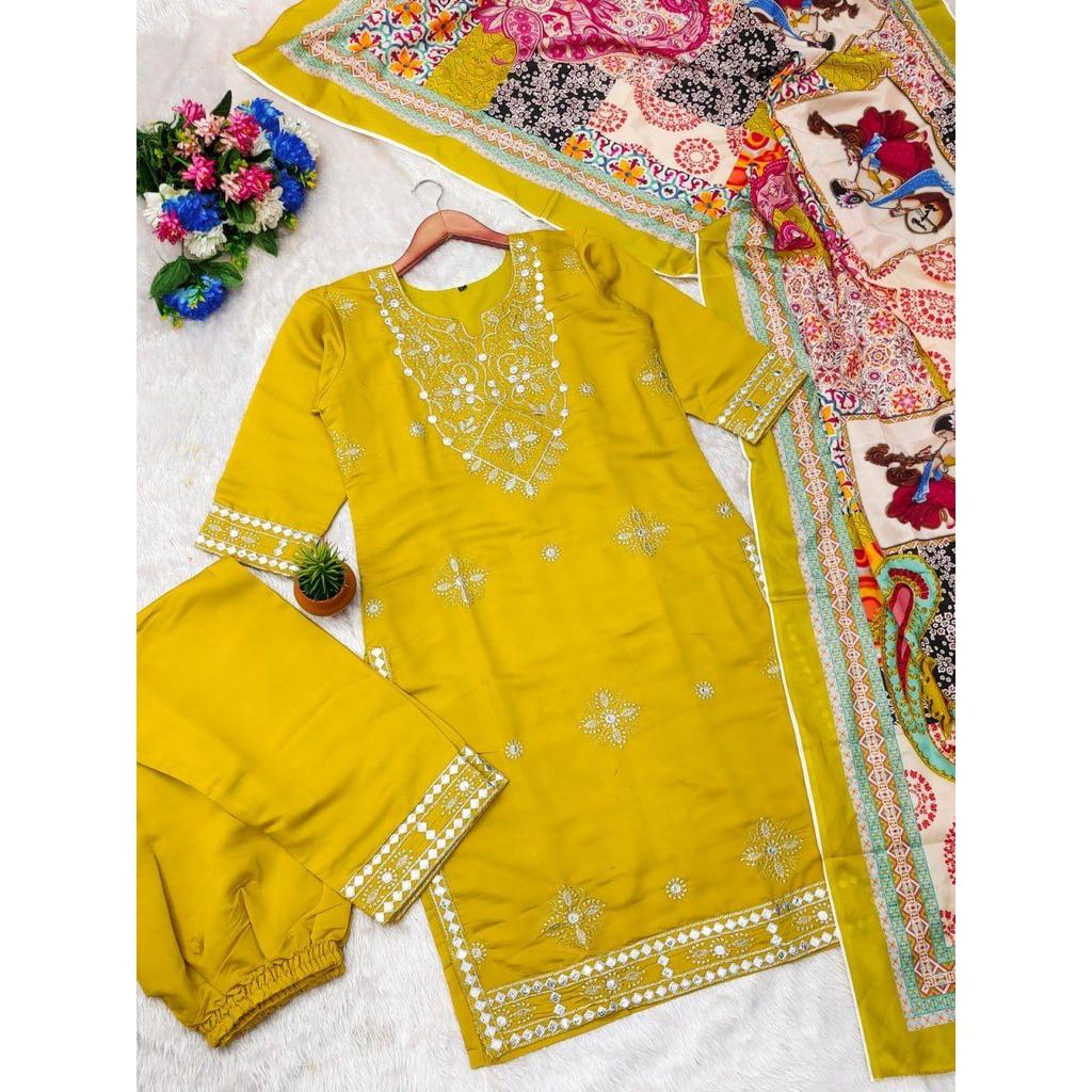 We are Launching Exclusively Festive & Party Wear Heavy Cotton With Embroidery Gotapati With Top-Bottom And Dupatta Set