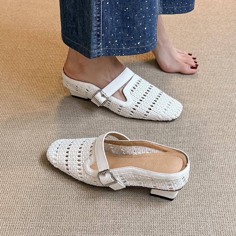 

Праздничный стиль плетеные толстый каблук сумка голова полушлепанцы внутренняя высота увеличение Мюли толстый каблук модные сандалии женские летние 42 белый