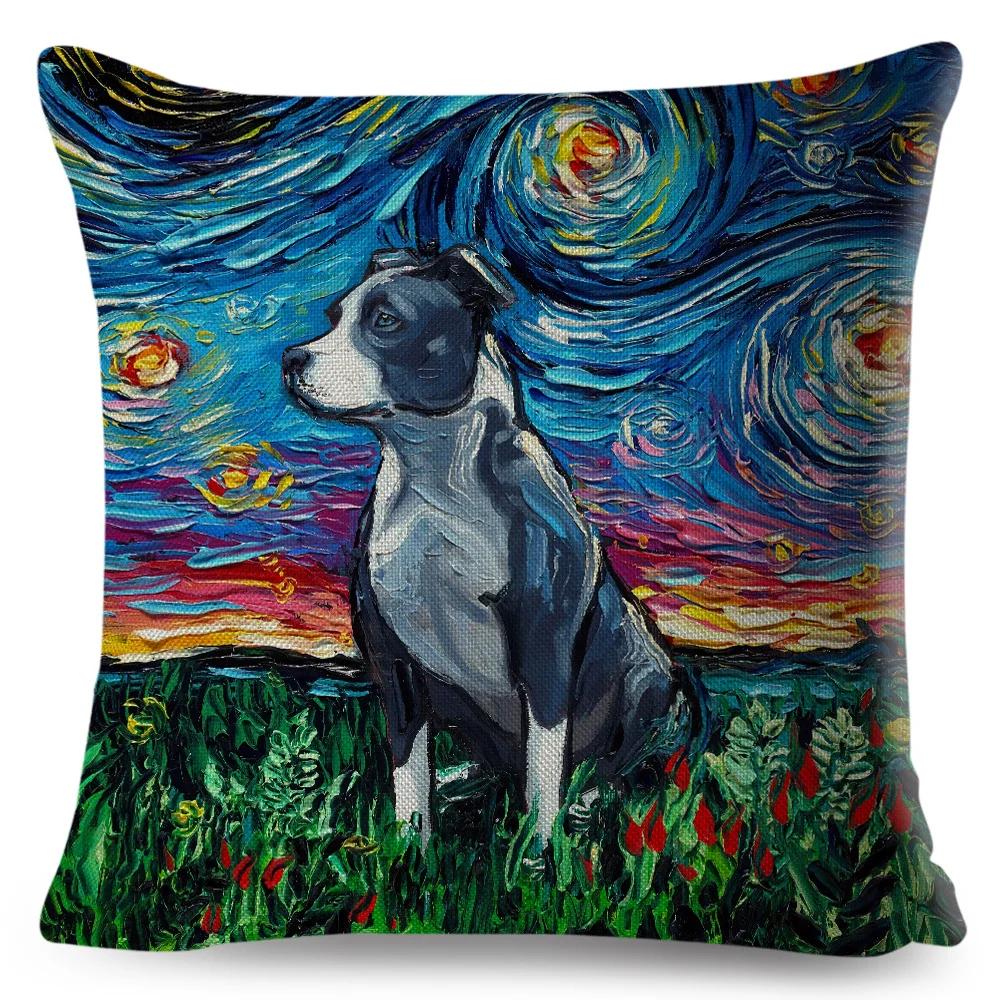 Both Sided Starry Sky Dog Cushion Cover Decor Oil Painting Cartoon Pet Animal Pillow Case for Sofa Home  Linen Pillowcase