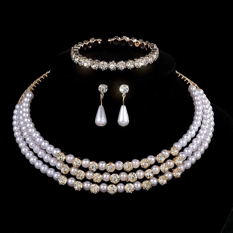 Bridal Pearl Full Diamond Necklace Necklace Diamond Imitation Pearl Bracelet Earrings Necklace Set Women