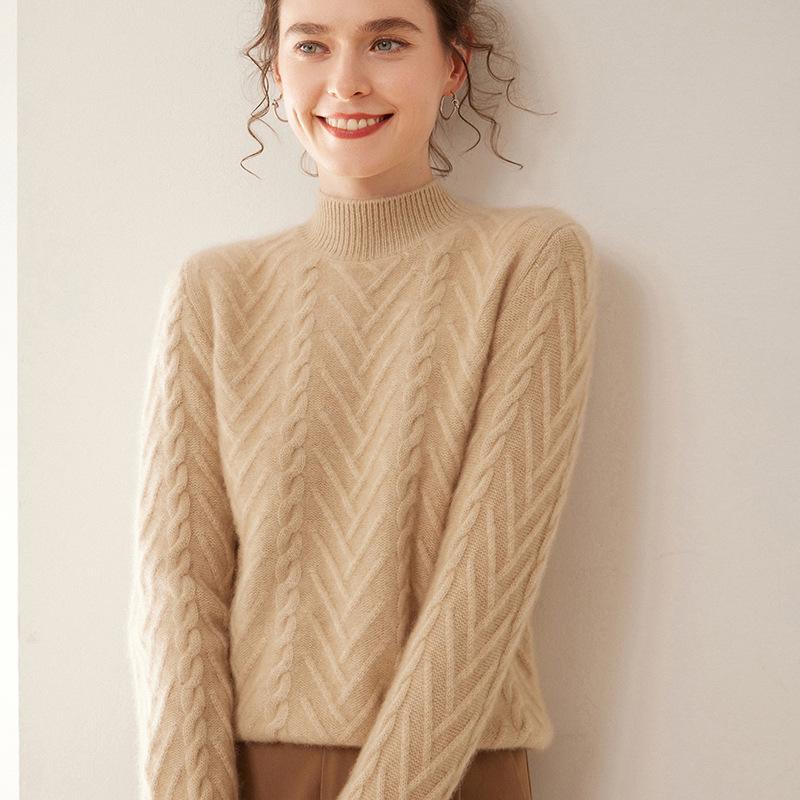 Women's Thickened Cable Knit Cashmere Sweater - Half-High Neck, Loose Fit, Solid Color, Perfect for Autumn and Winter.