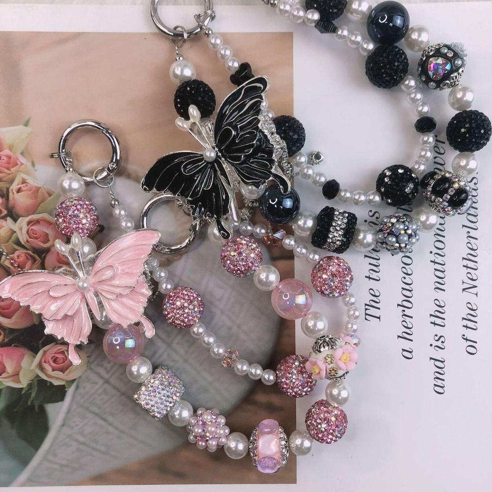 Pearl Butterfly Key Chain Glitter Beads Bag Pendant Beaded Cell Phone Lanyard  Backpack Pendant