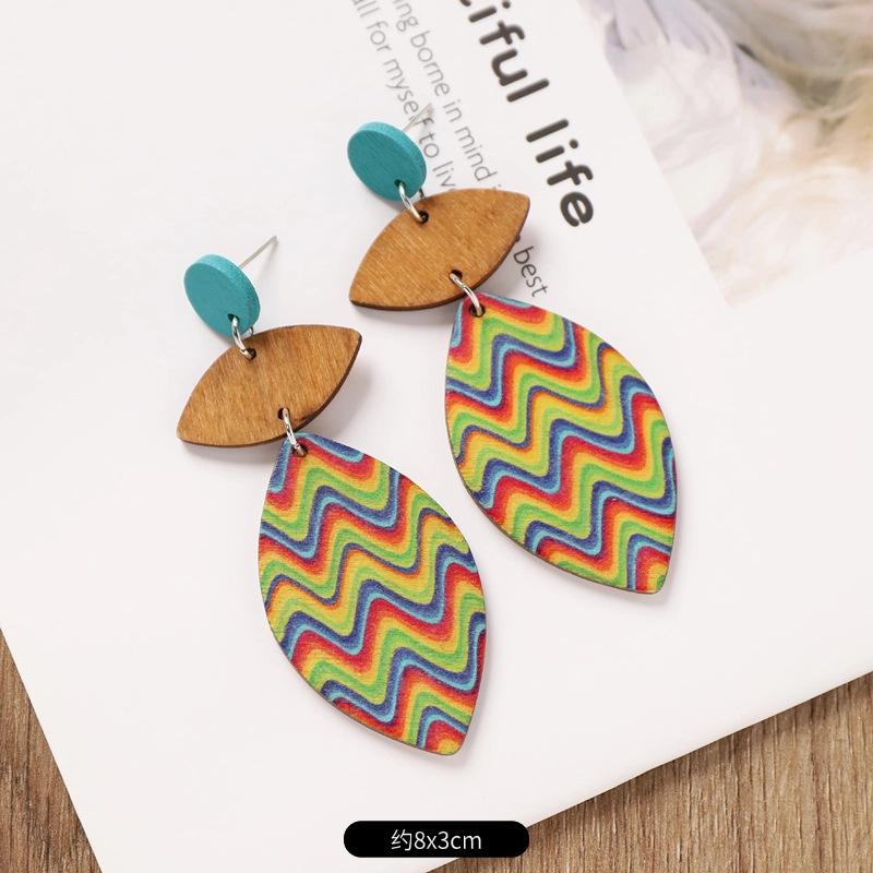 Bohemian Wood Stud Earrings Niche Design Ethnic Style Geometric Stripe Print Earrings Femininity Personality Earrings