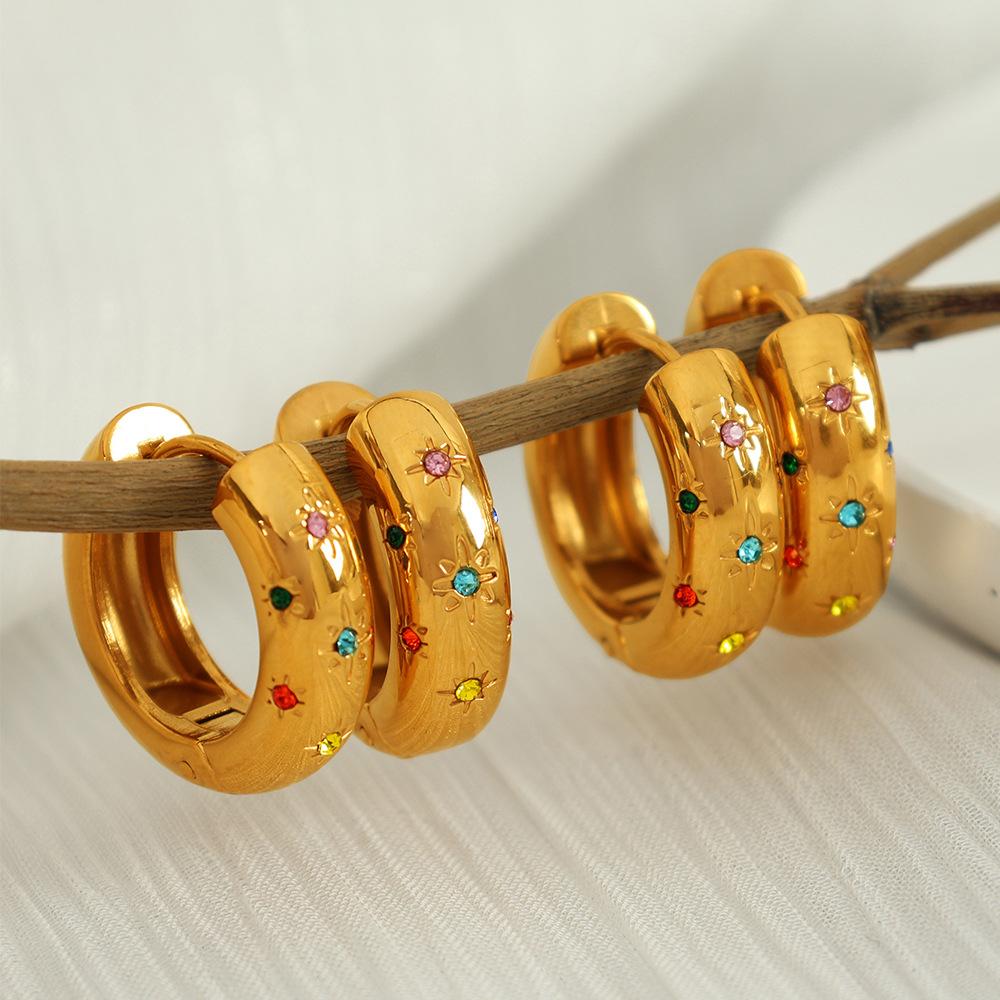 Ins Colored Diamond Earrings Titanium Steel Personality Niche Shining Dance Earrings Octagram Ear Buckle Women