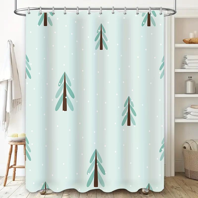 Winter-themed shower curtain made with waterproof polyester fabric featuring a cute Christmas tree print in mint green and brown