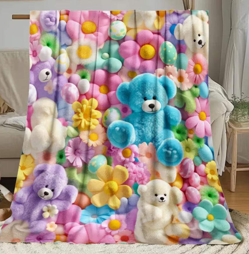 1pc Teddy Bear Floral Egg Pastel Print Flannel Blanket Soft and Comfortable, All-Season Blanket, Suitable for Travel Blankets