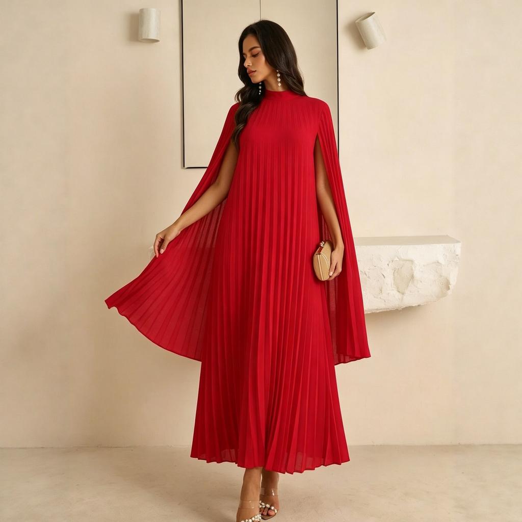 Red Pleated Long Dress Women's New European and American Style Pleated Dress Temperament Elegant Fashion Women's Clothing D