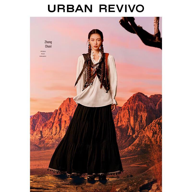 UR 2025 Autumn Women s Black Ethnic Spliced Midi Skirt M