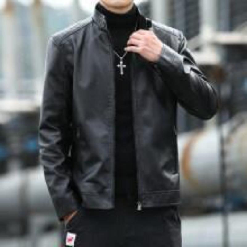 Men's Leather Jacket Spring and Autumn New Motorcycle Jacket Stand Collar Men's Top Trendy Short Leather Jacket Plus Velvet Leather Jacket