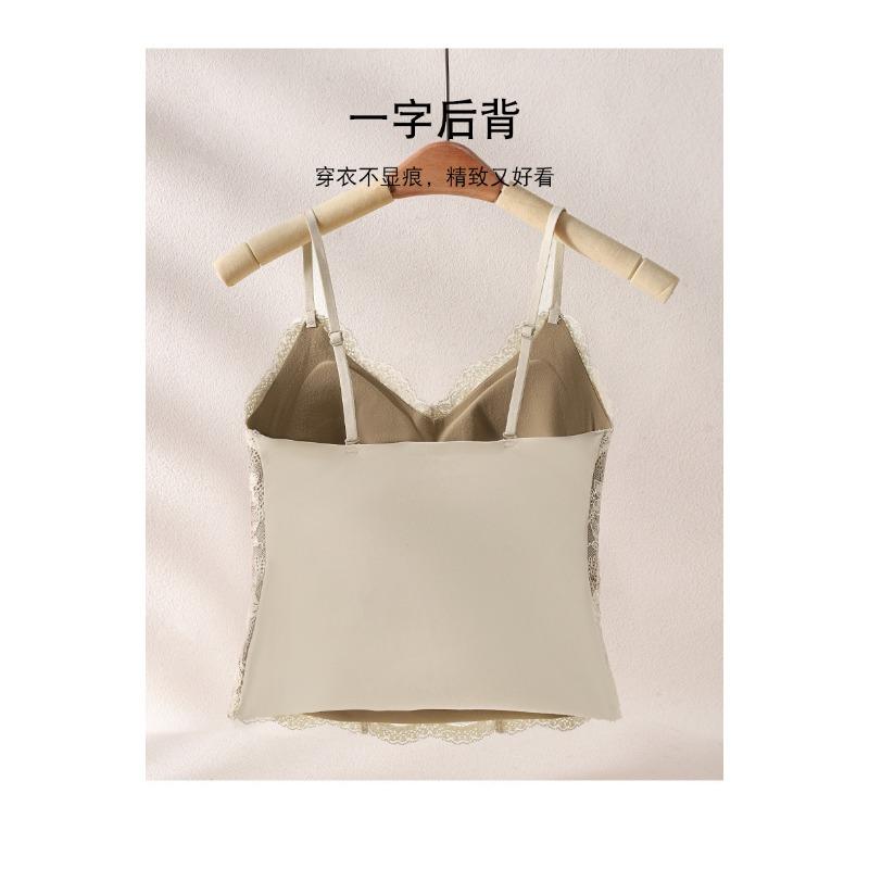 Women V Neck Fleece Lace Camisole Tank Top With Built In Chest Pad