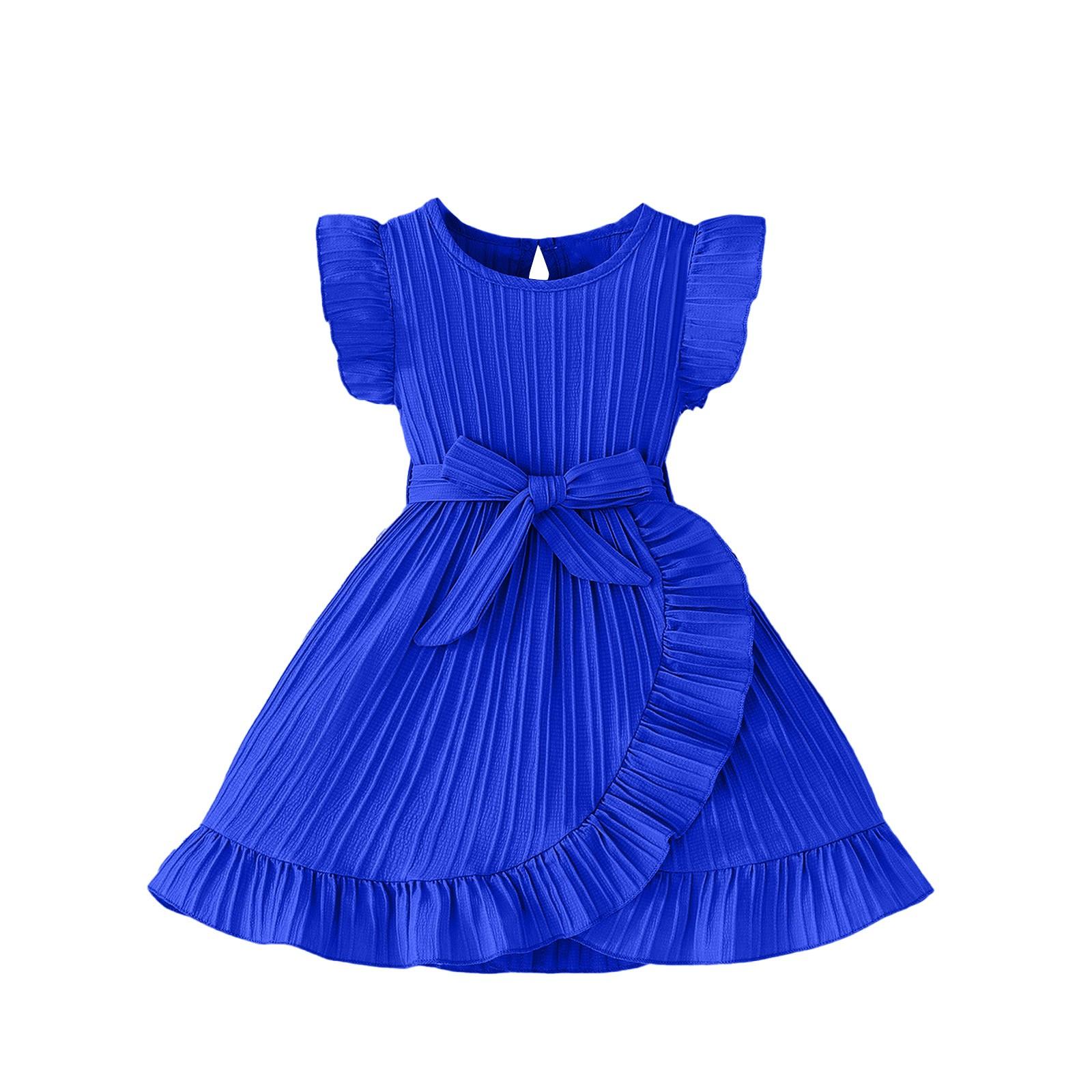 

Girls Sleeveless Dress - Solid Color Belted Sundress 5 синий
