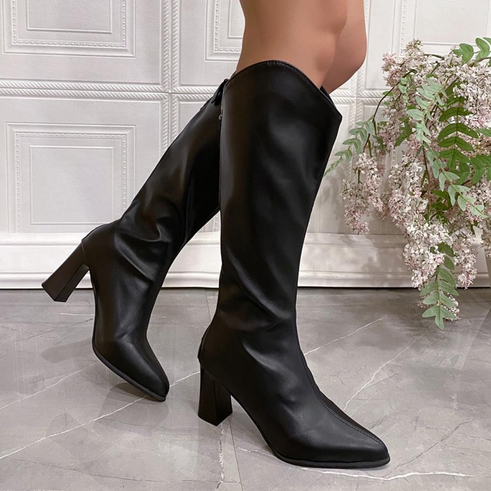 New Women Boots Zipper Thick High Heels Simple Thick High Heels Autumn Winter Sexy Elegant Knee High Women'S Boots
