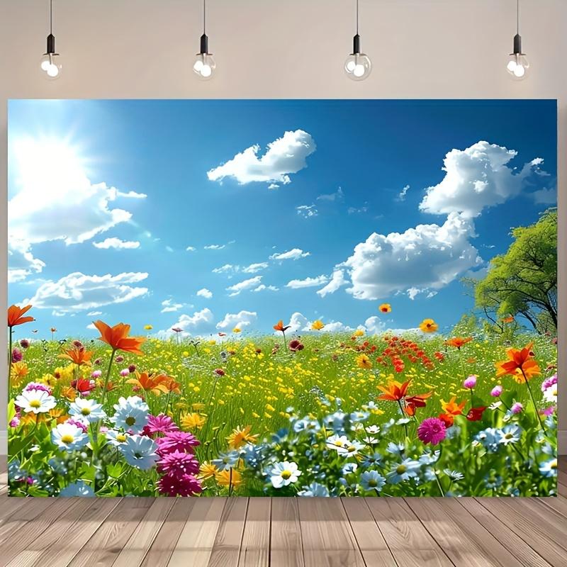 1 piece polyester wildflower field background blue sky and cloud printing multi-purpose background festival party