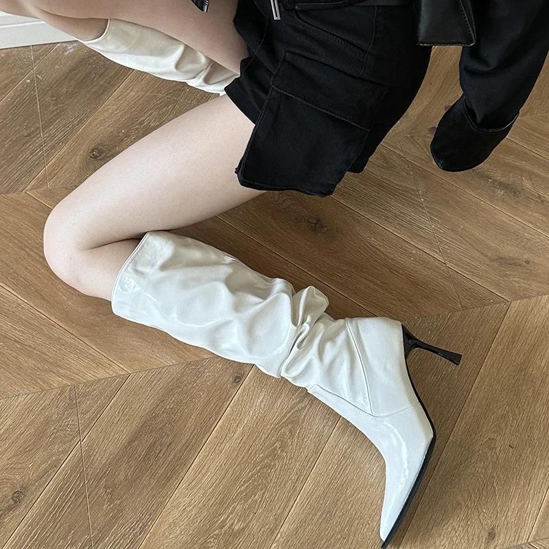Street Style Winter Designer Women Knee-High Boots Fashion Pointed Toe Pleated Long Booties Female High Heels Shoes