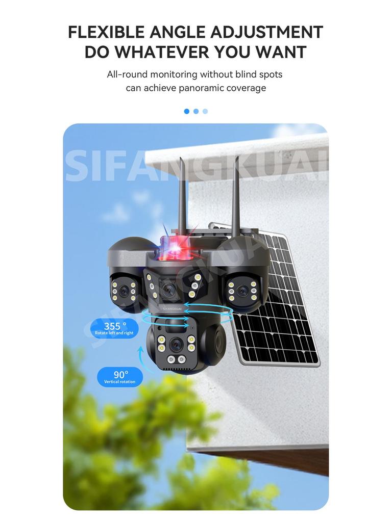 V380 Solar-Powered 4G Three-Lens Security Camera with Mobile Remote Monitor