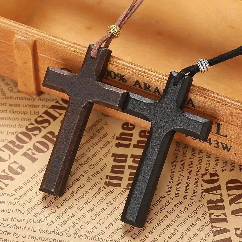 Personality Trendy Cool Gothic Wood Cross Pendant Necklace for Women Men Vintage Hip Hop Y2k Necklace Party Jewelry Gift