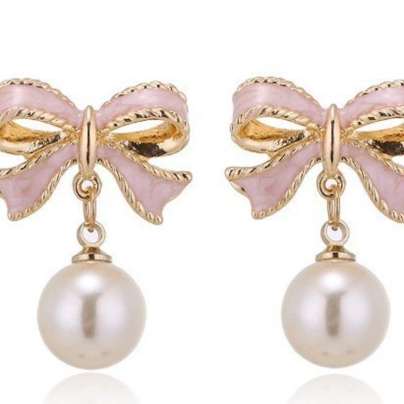 Black and Red Imitation Pearl Bow Drop Earrings for Women Geometric Wedding Party Pain… More