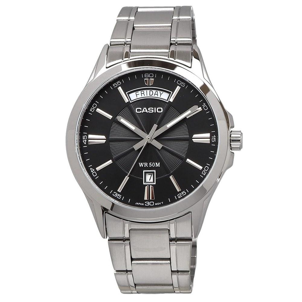 Casio MTP-1381D-1AV Analog Quartz Men's Wristwatch Silver Metal Band Black