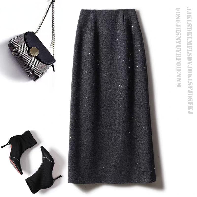 Women's High Waist Wool-Blend Sequined A-line Skirt - Autumn/Winter Slimming Bodycon with Slit