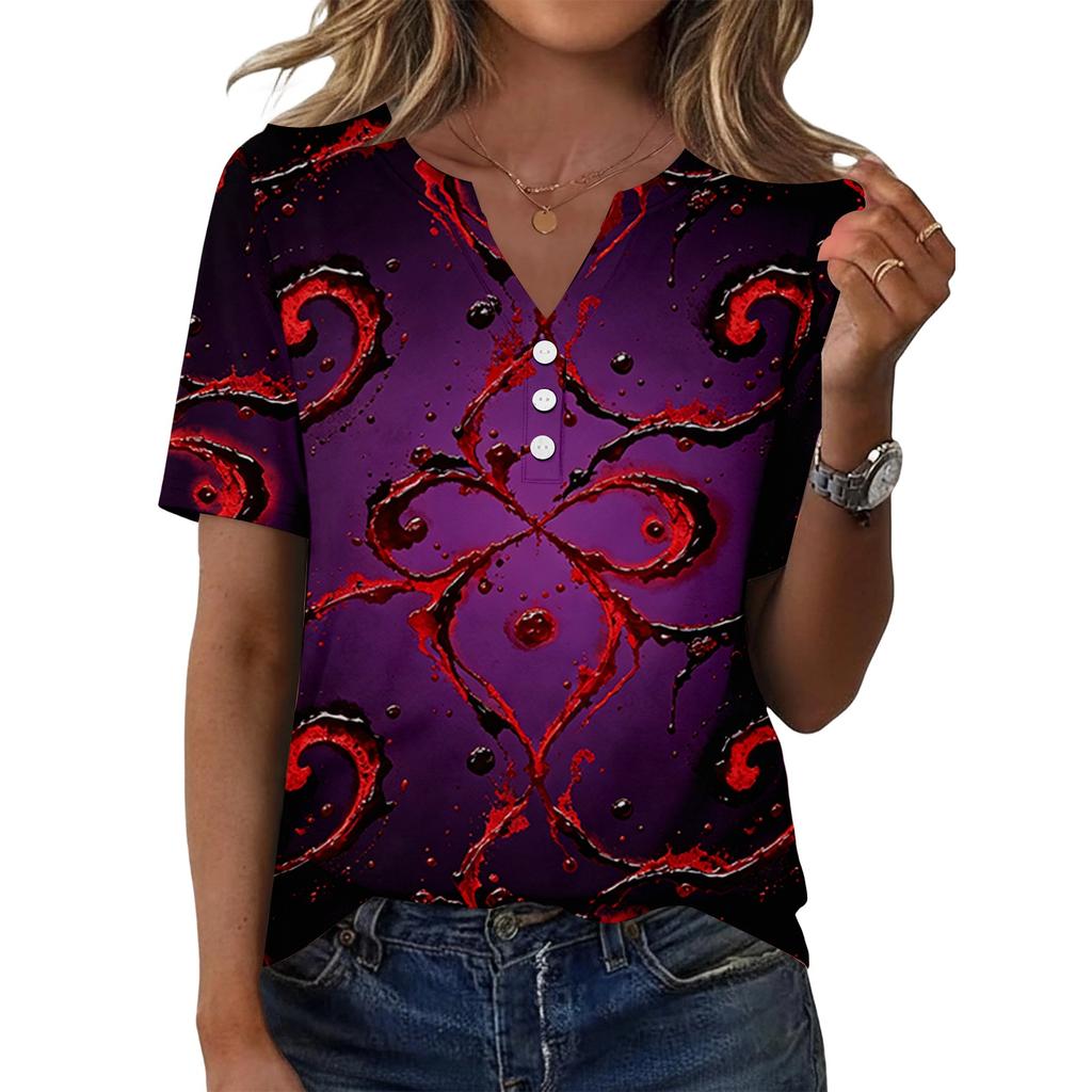 Women's Casual V Neck Short Sleeve Button T Shirt Halloween Print Top Relaxed Fit Lightweight Soft Fabric