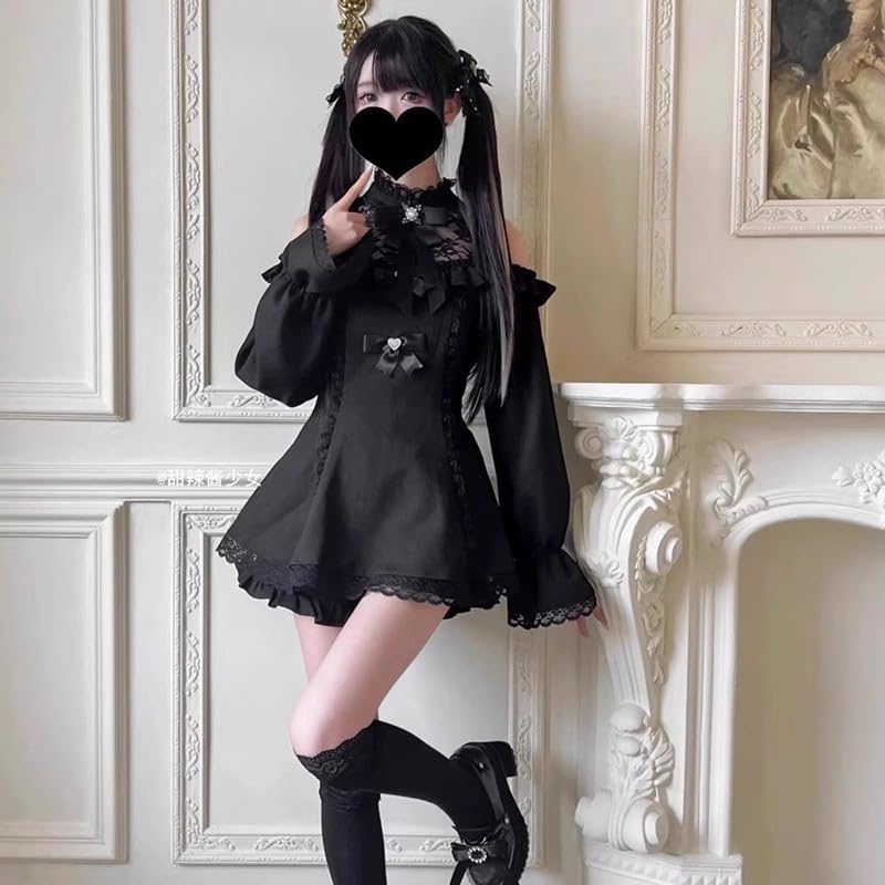 Qichenk Gothic Choker Neck Plus Long Gothic Size S Dress, Black, Size, Off-the-Shoulder, Sleeves, Lolita, Sexy, Simple, Cute, Hdjtz-black,