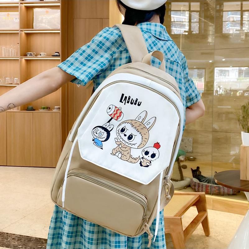 4pcs Sets LABUBU School Backpack Cute Cartoon Large-capacity Student Class Bag Junior High School Student School Bag High-value Four-piece Backpack