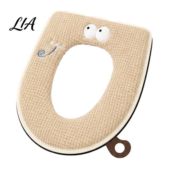 Winter Warm Toilet Seat Cover Zippered with Handle, Soft Jacquard Suede Hygienic Lifter Mat, Cartoon Pattern Washable Bathroom Pad for Most