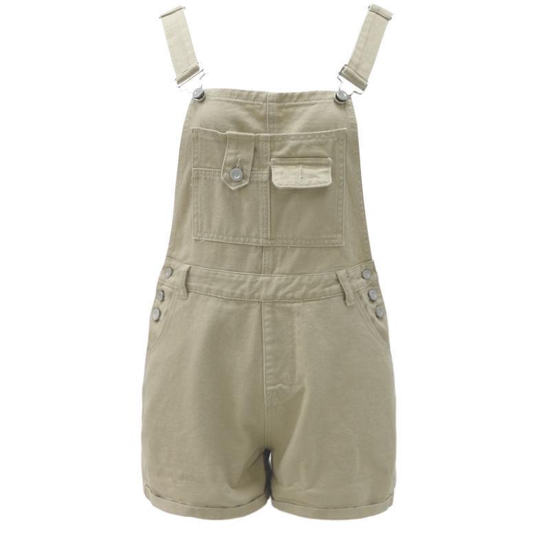 Women's Khaki Jeans High-Waisted Casual Overalls - Rolled-Up, Loose-Fit Strap Jumpsuit Shorts