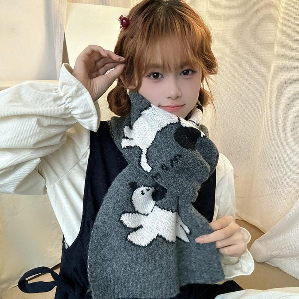Korean Style Cashmere Blend Scarf Lightweight Knitted Shawl Fashion Puppy Pattern Scarf Gift