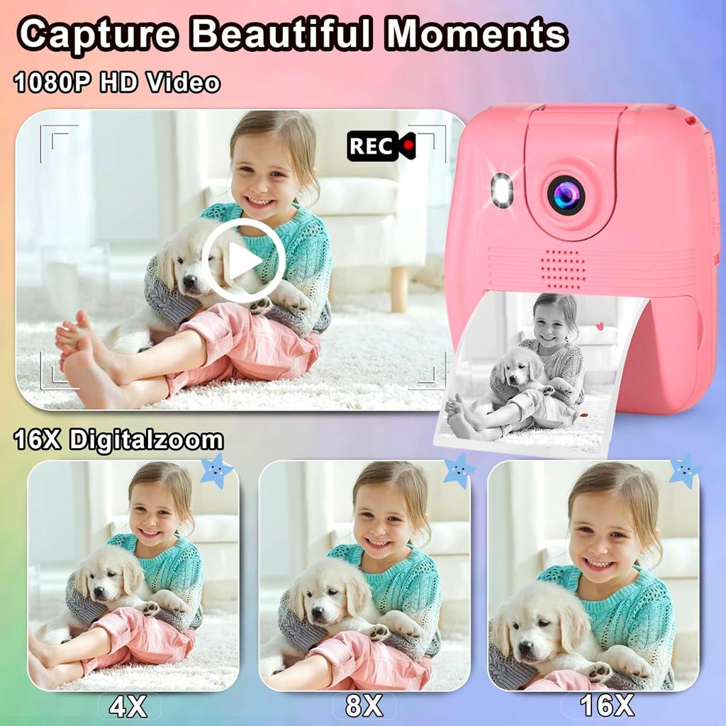 GKTZ Kids Camera Instant Print - 1080P HD Instant Print Photo - Christmas Birthday Gifts for Age 4 5 6 7 8 9 10 Girls Boys - Portable Toy with 3