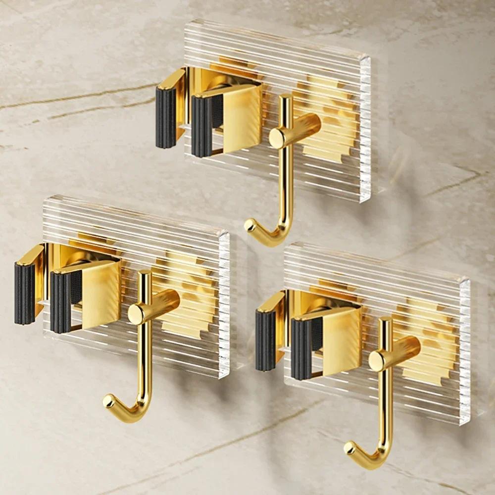 

Light Luxury Gold Broom Holder Clip Towel Hooks Easy Install Acrylic Stainless Steel Waterproof Rustproof Modern Decorative Hook