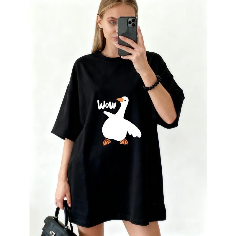 Oversized T Shirt Black Duck With Wow Text Graphic Print Casual Wear For Women Summer Streetwear Fashion Statement Top
