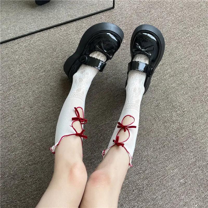 1Pairs Hollow Lace Women Long Stockings Fashionable Versatile Knotted White Lolita Style Comfortable Breathable Casual Socks